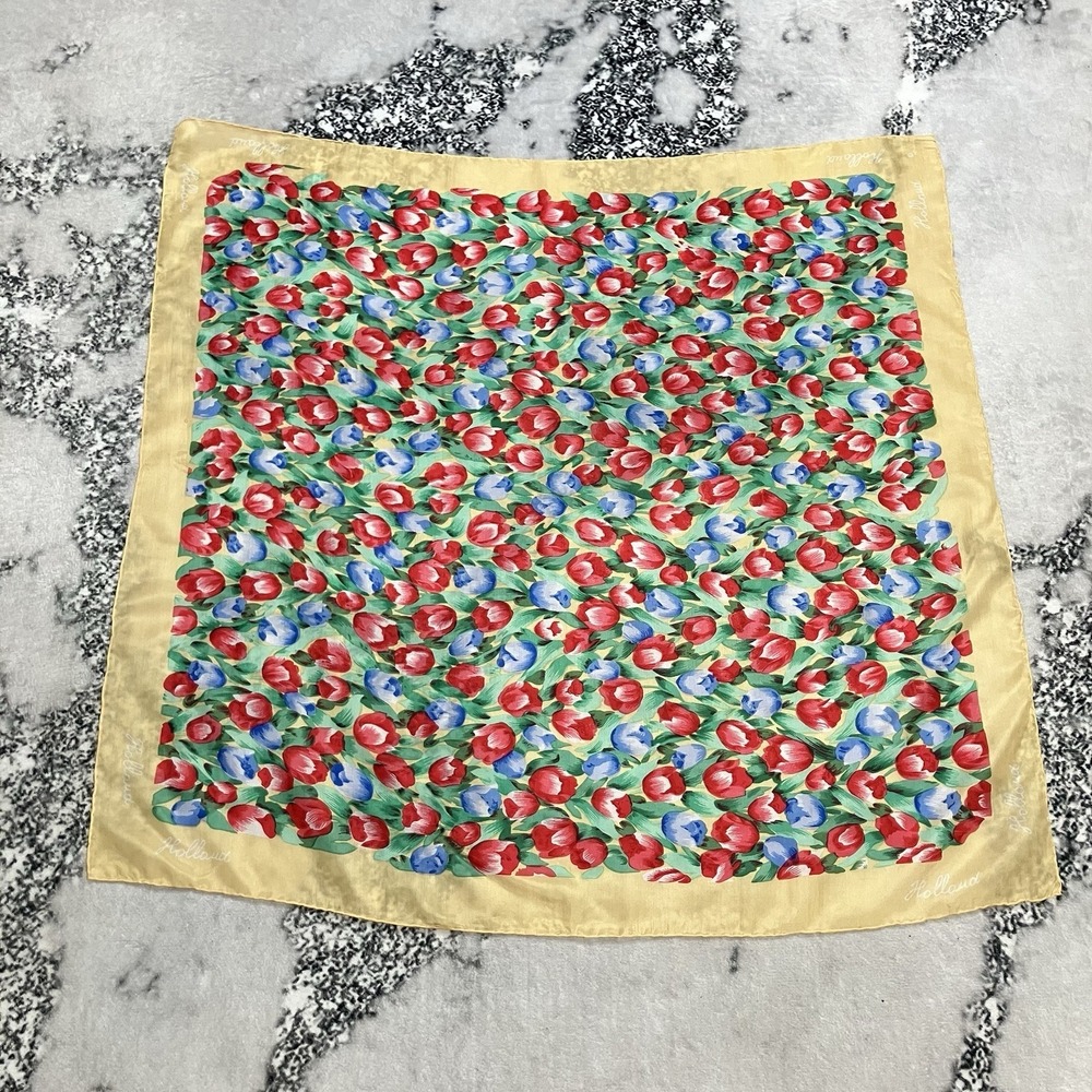 Vintage Holloud Pure Silk Floral Tulip Print Scarf Yellow‎ Red Blue Square